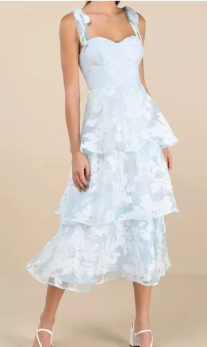 NWT Lulus Drayson Light Blue Floral Burnout Tie-Strap Tiered Midi Dress Sz Small thumbnail 1