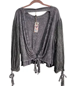 BKE Gimmicks FAB! Embroidered Mesh Boho Open Tie Festive Top in Gray L With Tags thumbnail 3
