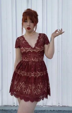 Alya Burgundy Lace Dress XS Womens V Neck Short Sleeve Cocktail Skater Mini thumbnail 1
