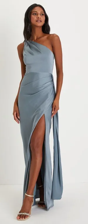 Lulus Signature Elegance Slate Blue Satin One-Shoulder Maxi Dress Holiday XSmall thumbnail 1