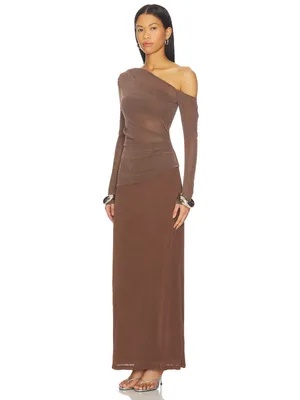 SOVERE Zeya One Shoulder Mesh Maxi Dress Mocha Ruched Sheer Long Sleeve Evening thumbnail 4