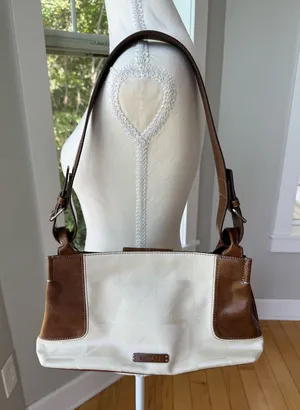 Vintage 90’s Nine & Co. White Canvas Shoulder Bag with Brown Leather Trim thumbnail 1