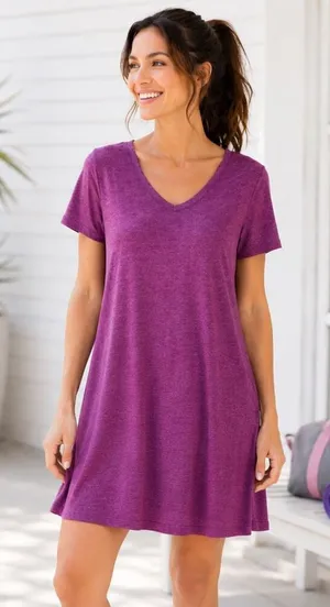 Yelete Criss Cross Back TShirt Dress Swing Athletic VNeck Purple S thumbnail 1