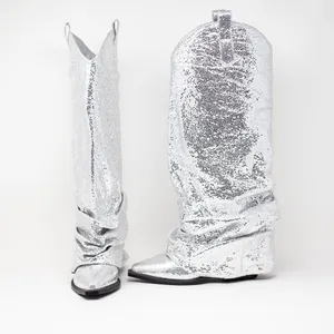 NEW Azalea Wang Shawnee Silver Metallic Scrunched Western Cowboy Boots Shoes 6 thumbnail 1