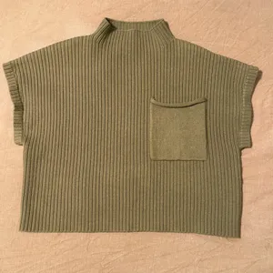 Boutique Olive Green Ribbed Mock-Neck Sweater Vest with Front Pocket thumbnail 3