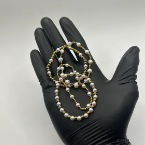 Womens Pearl Gold Bead Stretch Bracelet Set of 4 18k Plated Saphir New thumbnail 2