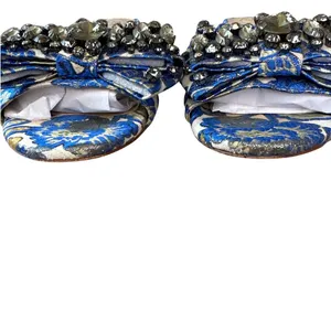 Tory Burch‎ Valentina Brocade Crystal Bow Slide Sandals Blue Gold 8 thumbnail 7