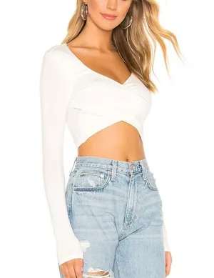 Superdown White Wrap Crop Top XL Cotton Long Sleeve Plunging Matilda Revolve NEW thumbnail 3