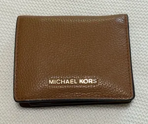 Michael Kors Brown Pebbled Leather Card Holder with Gold Logo thumbnail 1