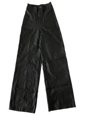 Faux Leather Pants Womens XS Black Wide Leg High Rise Stretch Y2K Sexy thumbnail 1