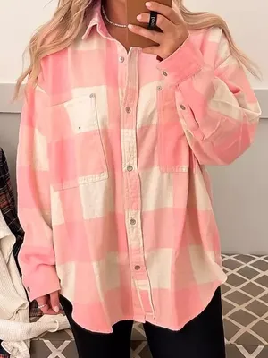 {M} aerie oversized Pink and Cream anytime fave flannel shirt thumbnail 1