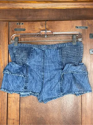 Free People We The Free Alani Pull-On Chambray Denim Ruffle Shorts Boho Blue M thumbnail 4