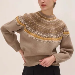 Artelier Nicole Miller Fair Isle Mock Neck Sweater Medium Brown Nordic Yoke Knit thumbnail 9