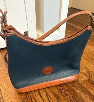 Dooney & Bourke Vintage Navy Blue Pebbled Leather Hobo Shoulder Bag Tan Trim thumbnail 1