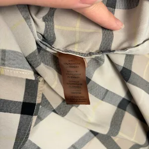 Calvin Klein Plaid Button-Up Blouse Women's M Beige Sheer Casual Fall Minimalist thumbnail 11
