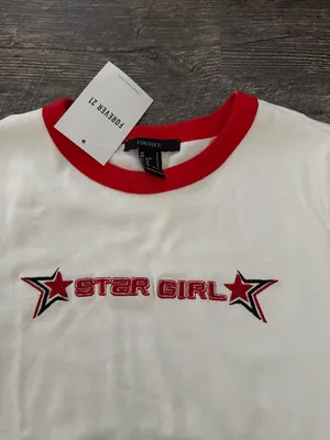Forever 21 Graphic Cropped White Baby Tee with Red Trim thumbnail 2
