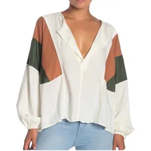 We The Free Beating Hearts Linen Long Sleeve Top Green Orange Rust Sleeve Stripe thumbnail 1