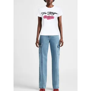 True Religion White Embellished Crystal Rose Romantic Y2K Style Baby Tee Sz L thumbnail 3