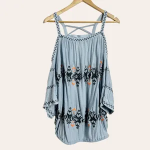 Free People Blue New World Embroidered Bohemian Cold Shoulder Peasant Top Size M thumbnail 4