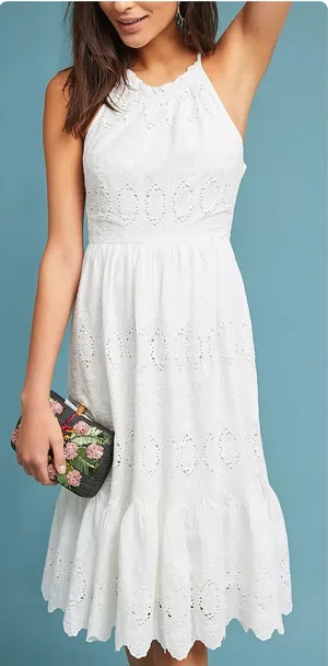 Anthropologie Maeve Womens Boho Beachy Tiered Eyelet Midi Dress‎ Size 0 White thumbnail 1