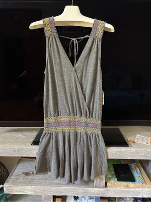 Gray V-Neck Swim Coverup dress with Smocked Waist thumbnail 3