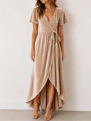 Baltic Born Andi Champagne Velvet High Low Flutter Sleeve True Wrap Maxi Dress thumbnail 10
