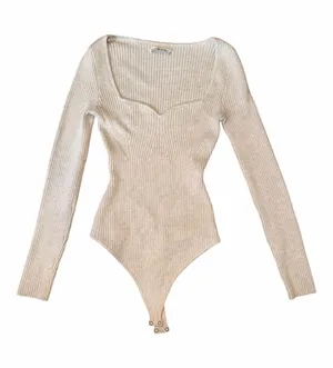 Abercrombie & Fitch Ribbed Long-Sleeve Scoop-Neck Bodysuit in Cream thumbnail 1