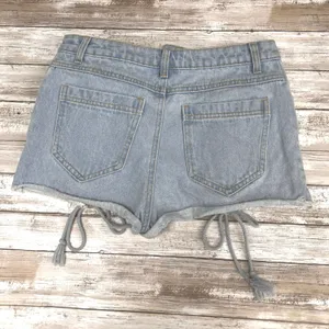 Lace Up Denim Micro Shorts S Light Wash Blue Frayed Boho Festival Daisy‎ Dukes thumbnail 2