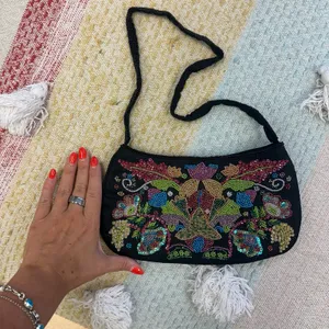 Floral Sequin Beaded Mini Shoulder Handbag Black thumbnail 3
