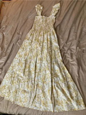 Aqua Yellow Smocked Floral Sundress Cottagecore Maxi Lined w Pockets thumbnail 1