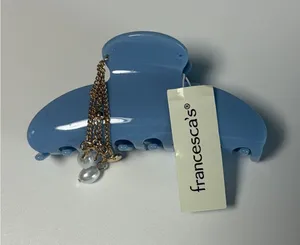 Francesca's Blue Hair Claw Clip Gold Chain Faux Pearl Bow Charm NWT thumbnail 1