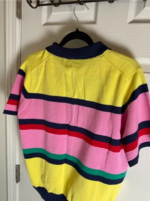NWT Zara Multi-Stripe Short Sleeve Knit Polo Sweater Top Yellow Pink Blue Large thumbnail 7