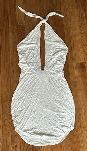 White Missguided Deep Plunge Stretchy Open Back Halter Mini Summer Dress thumbnail 1