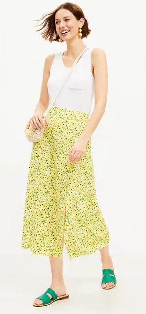 [LOFT] Yellow Floral Print Linen Blend High Waist Side Slit Midi Skirt Size 14 thumbnail 1