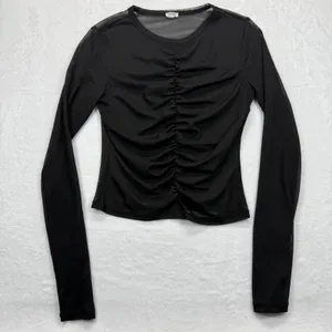 Garage Mesh Top Ruched Long Sleeve See Through‎ Black Blouse Large thumbnail 1