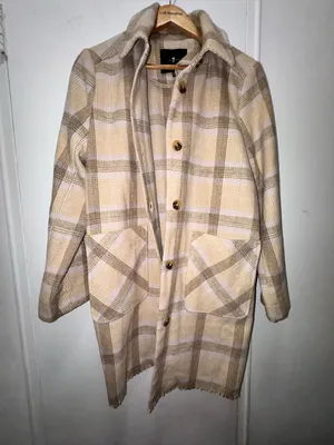 7 For All Mankind Wool-Blend Plaid Coat in Beige Medium thumbnail 1