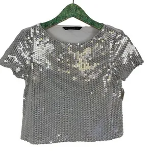 Zara‎ Basic Silver Sequin Crop Top Party Sparkly Glam Festival XS thumbnail 3