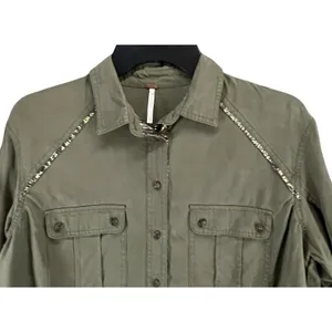 Free People Off Campus Shirt Womens XS Moss‎ Green Tencel Metallic Boho Utility thumbnail 4
