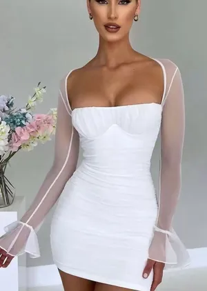 BABYBOO Brea Mini Dress-White Sheer-Sleeve White Mini Dress with Square Neck, XS thumbnail 1