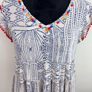 THML Woman S Blue Cream Geometric Print Tiered Babydoll Gauzy Rainbow Embroidery thumbnail 2