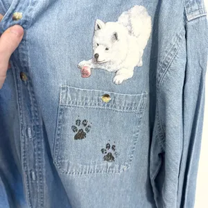 Vintage Luna Pier Denim Blue Shirt with Husky Dog Animal Design LARGE thumbnail 2