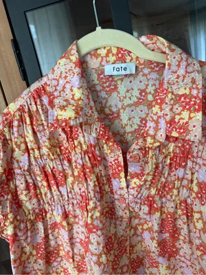 Fate smocked cotton floral blouse top ditsy short sleeve button down collar mock thumbnail 3