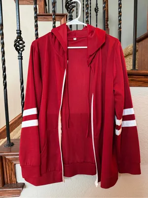 Women’s L - Red Zip-Up Hoodie with White Sleeve Stripes thumbnail 1