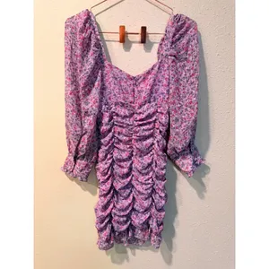 Zara‎ Mini Dress Womens Medium Purple Floral Ruched Puff Sleeve Ruffle Romantic thumbnail 9