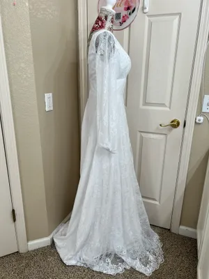 Vintage Style Allover Lace Wedding Dress Long Bishop Sleeve White Size 4 thumbnail 3