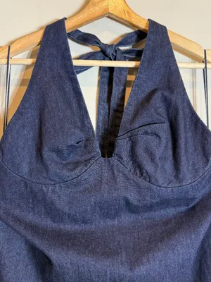 Free People Trevi Denim Mini Dress Women's Large Rinse Halter Backless Festival thumbnail 8