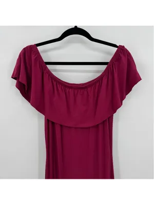 ModCloth Burgundy Maxi Dress Off Shoulder Ruffle Top Knit Size Medium thumbnail 2