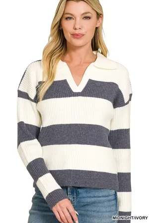 Zenana Striped Collared Sweater - Midnight/Ivory - Medium thumbnail 1