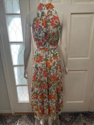 Petal&Pup Floral Halter Maxi Dress in White with Orange & Green Size 4 thumbnail 11