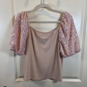 NEW Grace & Emma Boutique Large Pink Knit Shirt Iridescent Sequin Puff Sleeves thumbnail 6